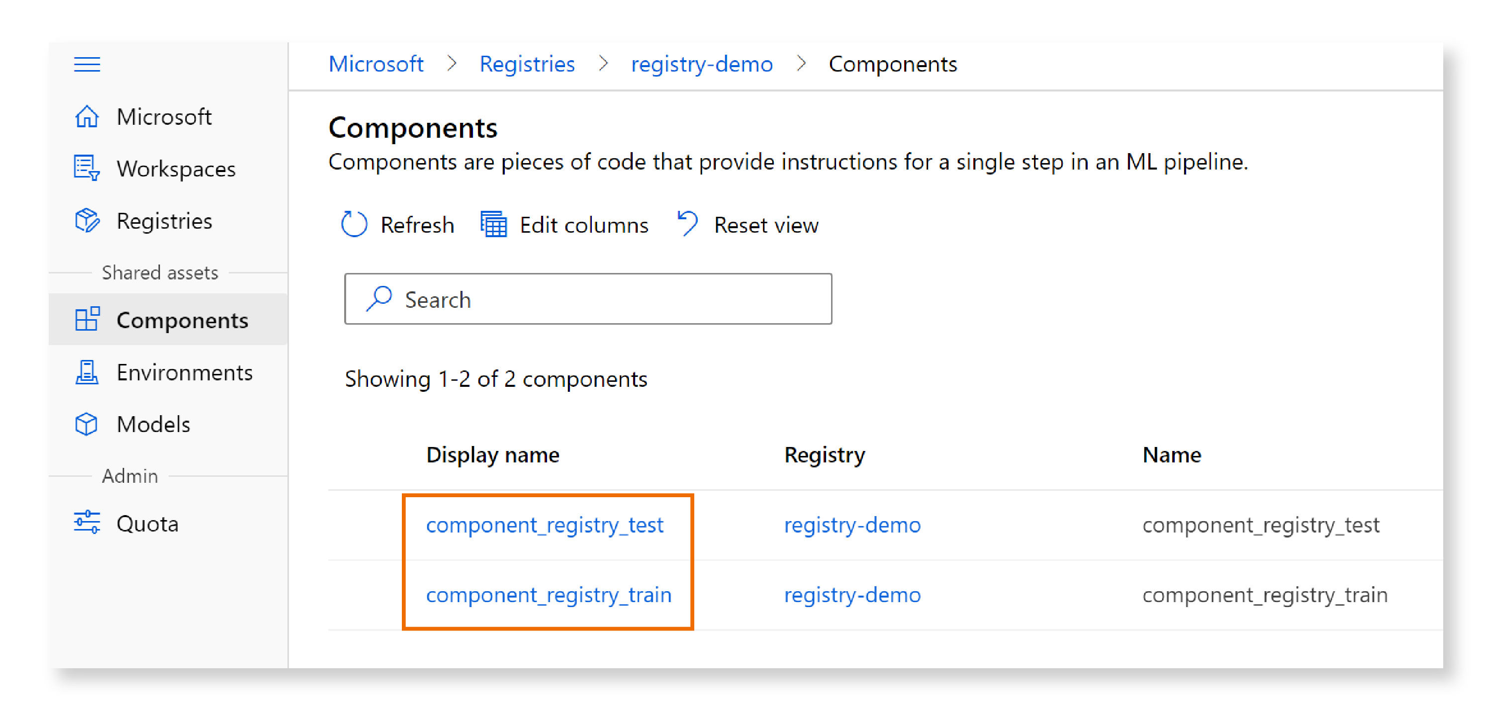 Screenshot showing the components in my registry.